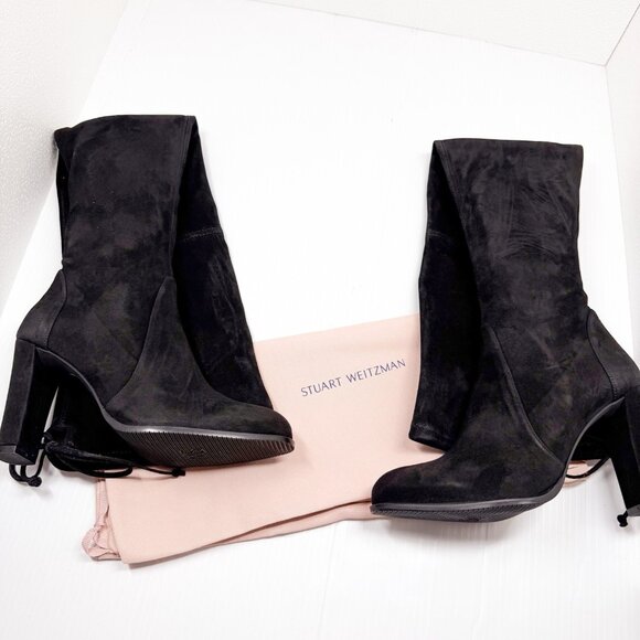 Stuart Weitzman Highland Black Suede Over Knee Boots 9B US 39.5 Tie Back Heel - Picture 12 of 13